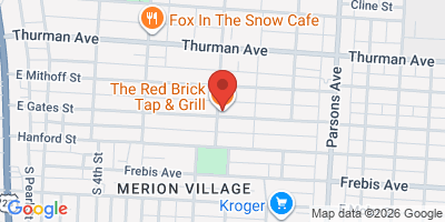 Map showing location of Red Brick Tap and Grill